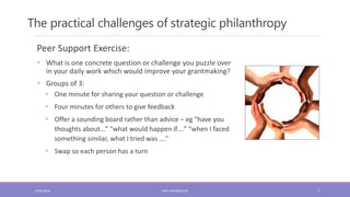 The practical challenges of strategic philanthropy
7
Peer Support Exercise:
 What is one concrete question or challenge you puzzle over
in your daily work which would improve your grantmaking?
 Groups of 3:
 One minute for sharing your question or challenge
 Four minutes for others to give feedback
 Offer a sounding board rather than advice – eg “have you
thoughts about…” “what would happen if….” “when I faced
something similar, what I tried was ….”
 Swap so each person has a turn
17/06/2018 KATE.FRYKBERG.NZ
 