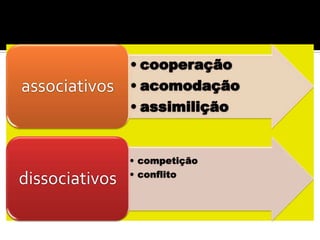 • cooperação
associativos    • acomodação
                • assimilição


                • competição
                • conflito
dissociativos
 
