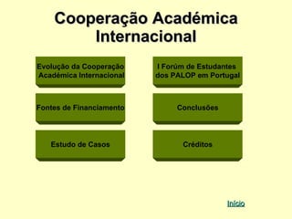 Cooperação Académica
        Internacional
Evolução da Cooperação    I Forúm de Estudantes
Académica Internacional   dos PALOP em Portugal



Fontes de Financiamento        Conclusões




   Estudo de Casos              Créditos




                                            Início
 