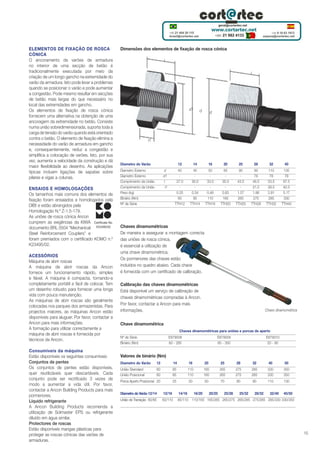 ELEMENTOS DE FIXAÇÃO DE ROSCA
CÓNICA
O ancoramento de varões de armadura
no interior de uma secção de betão é
tradicionalmente executada por meio da
criação de um longo gancho na extremidade do
varão da armadura. Isto pode levar a problemas
quando se posicionar o varão e pode aumentar
a congestão. Pode mesmo resultar em secções
de betão mais largas do que necessário no
local das extremidades em gancho.
Os elementos de fixação de rosca cónica
fornecem uma alternativa na obtenção de uma
ancoragem da extremidade no betão. Consiste
numa união sobredimensionada, suporta toda a
carga de tensão do varão quando está orientado
contra o betão. O elemento de fixação elimina a
necessidade do varão de armadura em gancho
e, consequentemente, reduz a congestão e
simplifica a colocação de varões. Isto, por sua
vez, aumenta a velocidade da construção e dá
maior flexibilidade ao desenho. As aplicações
típicas incluem ligações de sapatas sobre
pilares e vigas a colunas.
ENSAIOS E HOMOLOGAÇÕES
Os tamanhos mais comuns dos elementos de
fixação foram ensaiados e homologados pela
DIBt e estão abrangidos pela
Homologação N.º Z-1.5-179.
As uniões de rosca cónica Ancon
cumprem as exigências da KIWA Certificate No.
documento BRL 0504 “Mechanical K23495/02
Steel Reinforcement Couplers” e
foram premiados com o certificado KOMO n.º
K23495/02.
ACESSÓRIOS
Máquina de abrir roscas
A máquina de abrir roscas da Ancon
fornece um funcionamento rápido, simples
e fiável. A máquina é compacta, tornando-a
completamente portátil e fácil de colocar. Tem
um desenho robusto para fornecer uma longa
vida com pouca manutenção.
As máquinas de abrir roscas são geralmente
colocadas nos parques dos armazenistas. Para
projectos maiores, as máquinas Ancon estão
disponíveis para aluguer. Por favor, contactar a
Ancon para mais informações.
A formação para utilizar correctamente a
máquina de abrir roscas é fornecida por
técnicos da Ancon.
Consumíveis da máquina
Estão disponíveis os seguintes consumíveis:
Conjuntos de pentes
Os conjuntos de pentes estão disponíveis,
quer reutilizáveis quer descartáveis. Cada
conjunto pode ser rectificado 3 vezes de
modo a aumentar a vida útil. Por favor,
contactar a Ancon Building Products para mais
pormenores.
Líquido refrigerante
A Ancon Building Products recomenda a
utilização de Solmaster EPS ou refrigerante
diluído em água similar.
Protectores de roscas
Estão disponíveis mangas plásticas para
proteger as roscas cónicas das varões de
armaduras.

Dimensões dos elementos de fixação de rosca cónica
l
l

d1

d

d

l1

Diametro do Varão

12

Diametro Externo
Diametro Externo
Comprimento da União
Comprimento da União
Peso (kg)
Binário (Nm)
Nº de Série

14

16

20

25

28

32

40

40
27.0
0.25
60
TTH12

d
d1
l
l1

45
30.0
0.34
85
TTH14

50
33.0
0.46
110
TTH16

65
35.0
0.83
165
TTH20

80
43.5
1.57
265
TTH25

90
78
46.5
21.5
1.86
275
TTH28

110
78
53.5
28.5
2.81
285
TTH32

135
78
67.5
42.5
5.17
330
TTH40

Chaves dinamométricas
De maneira a assegurar a montagem correcta
das uniões de rosca cónica,
é essencial a utilização de
uma chave dinamométrica.
Os pormenores das chaves estão
incluídos no quadro abaixo. Cada chave
é fornecida com um certificado de calibração.
Calibração das chaves dinamométricas
Está disponível um serviço de calibração de
chaves dinamométricas compradas à Ancon.
Por favor, contactar a Ancon para mais
informações.

Chave dinamométrica

Chave dinamométrica
Chaves dinamométricas para uniões e porcas de aperto
Nº de Série.
Binário (Nm)

E879008
60 - 285

E879009
85 - 350

E879010
20 - 90

Valores de binário (Nm)
Diametro do Varão

12

14

16

20

25

28

32

40

50

União Standard
União Posicional

60
60

85
85

110
110

165
165

265
265

275
275

285
285

330
330

350
350

Porca Aperto Posicional 20

25

30

50

70

80

90

110

130

Diametro do Varão 12/14

12/16

14/16

União de Transição 60/85

60/110

85/110 110/165 165/265 265/275 265/285 275/285 285/330 330/350

16/20

20/25

25/28

25/32

28/32

32/40

40/50

15

 