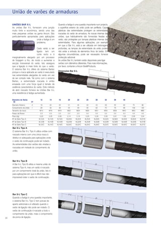 União de varões de armaduras
UNIÕES BAR X-L
As uniões Bar X-L fornecem uma junção
muito forte e económica, sendo uma das
mais pequenas uniões na gama Ancon. São
particularmente apropriadas para aplicações
onde a fadiga é um
problema.
Cada varão a ser
ligado tem um
corte recto e é
marginalmente alargado por um processo
de forjagem a frio, de modo a aumentar a
secção transversal do varão. Isto assegura
que a ligação é mais forte do que o varão.
O sistema Bar X-L difere do sistema Bartec
porque a rosca aplicada ao varão é executado
nas extremidades alargadas do varão em vez
de ser cortado nele. Tal como com o sistema
Bartec, a extremidade roscada é então
ensaiada com uma força igual à tensão de
cedência característica do varão. Este método
de abrir roscado fornece às Uniões Bar X-L
uma resistência à fadiga aumentada.
Diametro do Varão
50
Diametro Externo
Comprimento da União
Tamanho da rosca
Passo da Rosca
Peso (kg)
Nº de Série Tipo A
Nº de Série Tipo B
Nº de Série Tipo C

57
d
l

Quando a fadiga é uma questão importante num projecto,
a superfície exterior da união pode ser perfilada. Capas
plásticas das extremidades protegem as extremidades
roscadas do varão de armadura. As roscas internas das
uniões, que habitualmente são fornecidas fixadas ao
varão, são protegidas por tampas plásticas internas das
extremidades. Para algumas aplicações, por exemplo
em que a Bar X-L está a ser utilizada em betonagens
profundas, as tampas de extremidade da união podem
não evitar a entrada de elementos finos de betão. Em
algumas circunstâncias, pode ser necessário fornecer
protecção adicional
As uniões Bar X-L também estão disponíveis para ligar
varões com diâmetros diferentes. Para mais informações,
por favor, contactar a Ancon BuildiProducts.
l

Dimensões Bar X-L

d

12

14

16

20

22

25

28

32

36

40

19
28
M14
2.0
0.03
XL12/A
XL12/B
XL12/C

22
32
M16
2.0
0.05
XL14/A
XL14/B
XL14/C

25
36
M18
2.5
0.08
XL16/A
XL16/B
XL16/C

31
44
M22
2.5
0.14
XL20/A
XL20/B
XL20/C

34
48
M24
2.5
0.19
XL22/A
XL22/B
XL22/C

40
56
M28
3.0
0.29
XL25/A
XL25/B
XL25/C

43
62
M31
3.0
0.39
XL28/A
XL28/B
XL28/C

49
70
M35
3.5
0.58
XL32/A
XL32/B
XL32/C

55
78
M39
3.5
0.81
XL36/A
XL36/B
XL36/C

60
86
M43
4.0
1.09
XL40/A
XL40/B
XL40/C

Bar X-L Tipo A
O sistema Bar X-L Tipo A utiliza uniões com
roscado interno com uma única rosca à
direita e é adequada para aplicações onde
o varão de continuação pode ser rodado.
As extremidades dos varões são viradas e
roscadas em metade do comprimento da
união.

Bar X-L Tipo B
A Bar X-L Tipo B utiliza a mesma união do
sistema Tipo A, mas um varão é roscado
por um comprimento total da união. Isto é
para aplicações em que é difícil mas não
impossível rodar o varão de continuação.

20

t

t

Bar X-L Tipo C
Quando a fadiga é uma questão importante,
o sistema Bar X-L Tipo C tem porcas de
aperto adicionais e é utilizado quando o
varão de ligação não pode ser rodado. O
varão de continuação é roscado a todo o
comprimento da união, mais o comprimento
da porca de ligação.

2t
t

2t
2t

12/3t

t

2/
3

2t

t

2/
3

2 2/3t

75
106
M53
4.0
2.08
XL50/A
XL50/B
XL50/C

86
120
M60
4.0
3.04
XL57/A
XL57/B
XL57/C

 