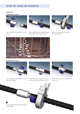 União de varões de armaduras
INSTALAÇÃO
O Sistema Bar X-L Tipo A
1

Corra a união para a extremidade da rosca do
varão fixo.

2

Retirar a tampa plástica da união. Posicionar e
rodar o varão de continuação na união.

3

Apertar a junção utilizando uma chave no
varão de continuação.

O Sistema Bar X-L Tipo B
1

Corra a união para a extremidade da rosca do
varão de continuação.

4

Apertar a ligação utilizando uma chave no varão
de continuação.
22

2

Posicionar o varão de continuação com a
união em frente à extremidade do varão fixo.

3

Correr a união do varão de continuação para
o varão fixo.

 