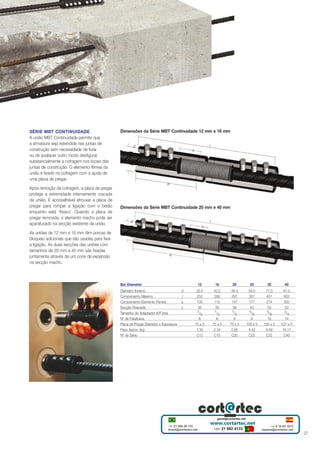 SÉRIE MBT CONTINUIDADE
A união MBT Continuidade permite que
a armadura seja estendida nas juntas de
construção sem necessidade de furar
ou de qualquer outro modo desfigurar
substancialmente a cofragem nos locais das
juntas de construção. O elemento fêmea da
união é fixado na cofragem com a ajuda de
uma placa de pregar.
Após remoção da cofragem, a placa de pregar
protege a extremidade internamente roscada
da união. É aconselhável afrouxar a placa de
pregar para romper a ligação com o betão
enquanto está ‘fresco’. Quando a placa de
pregar removida, o elemento macho pode ser
aparafusado na secção existente da união.

Dimensões da Série MBT Continuidade 12 mm e 16 mm
d

l

c

a

Dimensões da Série MBT Continuidade 20 mm e 40 mm
l

d
c

As uniões de 12 mm e 16 mm têm porcas de
bloqueio adicionais que são usadas para fixar
a ligação. As duas secções das uniões com
tamanhos de 20 mm a 40 mm são fixadas
juntamente através de um cone de expansão
na secção macho.

a

Bar Diameter
Diametro Externo
Comprimento Máximo
Comprimento Elemento Fêmea
Secção Roscada
Tamanho do Adaptador A/F (ins)
Nº de Parafusos
Placa de Pregar Diametro x Espessura
Peso Aprox. (kg)
Nº de Série

12
d
l
a
c

16

20

25

32

40

33.4
250
100
30
1/
2
6
75 x 5
1.34
C12

42.2
280
115
35
1/
2
6
75 x 5
2.34
C16

48.3
297
147
38
1/
2
8
75 x 5
2.85
C20

54.0
357
177
43
5/
8
8
100 x 5
4.42
C25

71.0
431
214
53
5/
8
10
100 x 5
9.58
C32

81.0
603
300
53
3/
4
14
127 x 5
16.17
C40

27

 