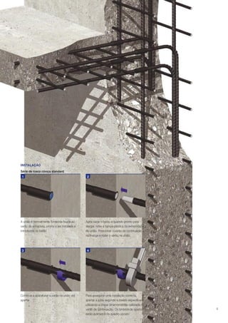 INSTALAÇÃO
Série de rosca cónica standard
1

A união é normalmente fornecida fixada ao
varão de armadura, pronta a ser instalada e
introduzida no betão

3

Continue a aparafusar o varão na união até
apertar.

2

Após vazar o betão e quando pronto para
alargar, retire a tampa plástica da extremidade
da união. Posicionar o varão de continuação
na manga e rodar o varão na união.

4

Para assegurar uma instalação correcta,
apertar a junta segundo o binário especificado
utilizando a chave dinamométrica calibrada no
varão de continuação. Os binários de apertos
estão indicados no quadro oposto

9

 