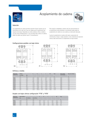 OD
C
L
B
A
C
L
A OD
B
OD
C
L
B
A
Tamaño del
acoplamiento
Tamaño del
acoplamiento
Los acoplamientos de cadena permiten transmitir torques mayores que los
transmitidos por los ejes, por lo que son ideales para las aplicaciones que
requieren alto torque. Disponibles con oriﬁcio estándar, oriﬁcio a medida o
con buje cónico (conﬁguraciones: F y H), las bridas están unidas con cadenas
dobles de rodillos que admiten hasta 2° de desalineación.
Para asegurar conﬁabilidad y máxima vida útil, particularmente en
las aplicaciones de alta velocidad, se recomienda instalar todos los
acoplamientos de cadena con una cubierta y la lubricación adecuada.
Cuando el acoplamiento de cadena está sujeto a operaciones de
contramarcha, choque o cargas pulsantes u otras condiciones de operación
severas, debe seleccionarse un acoplamiento de mayor tamaño.
 