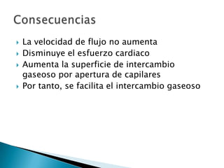  La velocidad de flujo no aumenta
 Disminuye el esfuerzo cardiaco
 Aumenta la superficie de intercambio
gaseoso por apertura de capilares
 Por tanto, se facilita el intercambio gaseoso
 