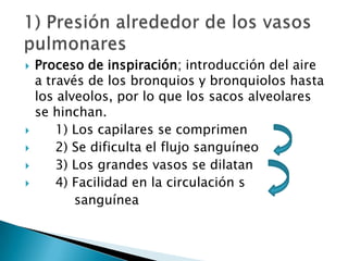  Proceso de inspiración; introducción del aire
a través de los bronquios y bronquiolos hasta
los alveolos, por lo que los sacos alveolares
se hinchan.
 1) Los capilares se comprimen
 2) Se dificulta el flujo sanguíneo
 3) Los grandes vasos se dilatan
 4) Facilidad en la circulación s
sanguínea
 