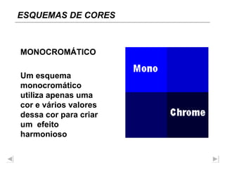 MONOCROMÁTICO Um esquema monocromático utiliza apenas uma cor e vários valores dessa cor para criar um  efeito harmonioso ESQUEMAS DE CORES 