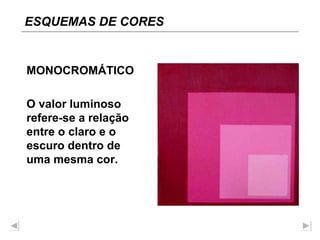 MONOCROMÁTICO O valor luminoso refere-se a relação entre o claro e o escuro dentro de uma mesma cor. ESQUEMAS DE CORES 