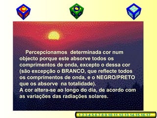 Percepcionamos determinada cor num
objecto porque este absorve todos os
comprimentos de onda, excepto o dessa cor
(são excepção o BRANCO, que reflecte todos
os comprimentos de onda, e o NEGRO/PRETO
que os absorve na totalidade).
A cor altera-se ao longo do dia, de acordo com
as variações das radiações solares.


                       1 2 3 4 5 6 7 8 9 10 11 12 13 14 15 16 17
 