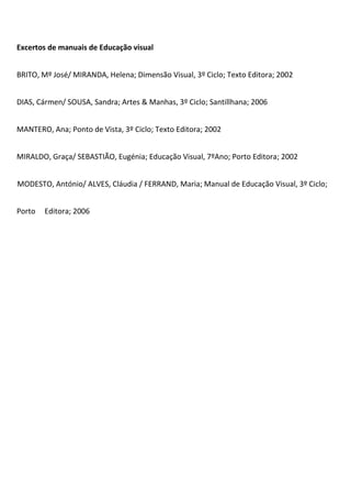 Excertos de manuais de Educação visual


BRITO, Mº José/ MIRANDA, Helena; Dimensão Visual, 3º Ciclo; Texto Editora; 2002


DIAS, Cármen/ SOUSA, Sandra; Artes & Manhas, 3º Ciclo; Santillhana; 2006


MANTERO, Ana; Ponto de Vista, 3º Ciclo; Texto Editora; 2002


MIRALDO, Graça/ SEBASTIÃO, Eugénia; Educação Visual, 7ºAno; Porto Editora; 2002


MODESTO, António/ ALVES, Cláudia / FERRAND, Maria; Manual de Educação Visual, 3º Ciclo;


Porto   Editora; 2006
 