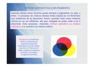 SÍNTESE SUBTRACTIVA (COR-PIGMENTO)
Quando utilizas cores recorres quase sempre a pigmentos, ou seja, a
tintas. O processo de mistura dessas tintas baseia-se no fenómeno
que acabámos de te descrever. Assim, quantas mais cores mistures
menos luz se vai refletindo, até que, chegado ao preto, toda a luz é
absorvida. Este processo, chamado síntese subtrativa ou mistura
subtrativa, é o contrário da mistura aditiva.
Pigmento é a substância
sólida, constituída por
pequenas partículas
separadas uma das outras,
que dá cor. Pode ser de
origem orgânica (vegetal ou
animal) ou de origem
inorgânica (mineral).
 