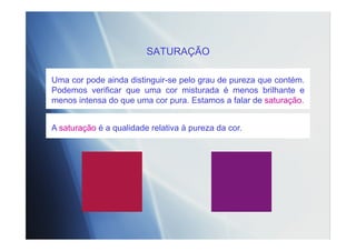 SATURAÇÃO
Uma cor pode ainda distinguir-se pelo grau de pureza que contém.
Podemos verificar que uma cor misturada é menos brilhante e
menos intensa do que uma cor pura. Estamos a falar de saturação.
A saturação é a qualidade relativa à pureza da cor.
 