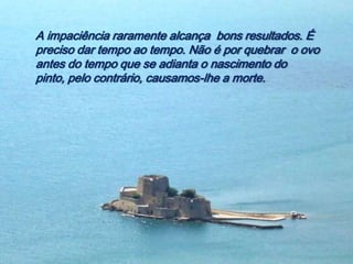 A impaciência raramente alcança bons resultados. É
preciso dar tempo ao tempo. Não é por quebrar o ovo
antes do tempo que se adianta o nascimento do
pinto, pelo contrário, causamos-lhe a morte.
 