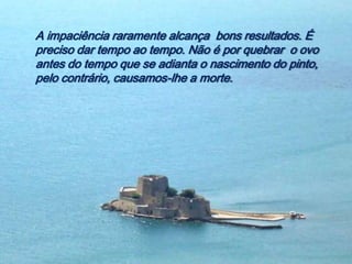 A impaciência raramente alcança bons resultados. É
preciso dar tempo ao tempo. Não é por quebrar o ovo
antes do tempo que se adianta o nascimento do pinto,
pelo contrário, causamos-lhe a morte.
 