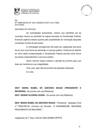 ESTADO DO RIO GRANDE DO SUL

PODER JUDICIÁRIO
TRIBUNAL DE JUSTIÇA

EK
Nº 70046166104 (N° CNJ: 0549404-70.2011.8.21.7000)
2011/CÍVEL

aprovados em concurso.
As contratações temporárias, mesmo que admitidas por lei
municipal, devem se submeter às regras previstas na Constituição Federal.
Eventual urgência estaria suprida pela possibilidade de nomeação daqueles
constantes na lista de aprovados.
A contratação emergencial não pode ser vulgarizada sob pena
de se criar nova forma de admissão no serviço público. Conforme já referido
ao início desta fundamentação a Constituição Federal permite como forma
de acesso preponderante o concurso público.
Assim nenhum reparo merece a decisão de primeiro grau que
deve ser mantida em sua integralidade.
Voto, pois, pelo não provimento da apelação interposta.
É o voto.

DES.ª

MARIA

ISABEL

DE

AZEVEDO

SOUZA

(PRESIDENTE

E

REVISORA) - De acordo com o(a) Relator(a).
DES.ª DENISE OLIVEIRA CEZAR - De acordo com o(a) Relator(a).

DES.ª MARIA ISABEL DE AZEVEDO SOUZA - Presidente - Apelação Cível
nº 70046166104, Comarca de Gravataí: "À UNANIMIDADE, NEGARAM
PROVIMENTO AO RECURSO."

Julgador(a) de 1º Grau: DULCE ANA GOMES OPPITZ

9

 