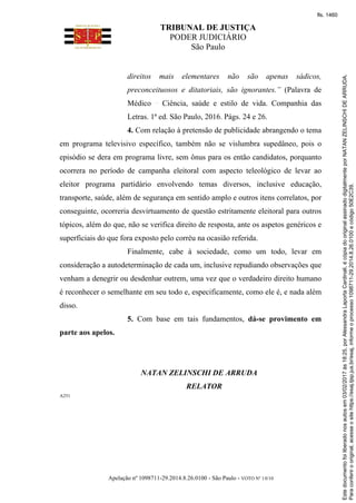 TRIBUNAL DE JUSTIÇA
PODER JUDICIÁRIO
São Paulo
Apelação nº 1098711-29.2014.8.26.0100 - São Paulo - VOTO Nº 10/10
direitos mais elementares não são apenas sádicos,
preconceituosos e ditatoriais, são ignorantes.” (Palavra de
Médico Ciência, saúde e estilo de vida. Companhia das
Letras. 1ª ed. São Paulo, 2016. Págs. 24 e 26.
4. Com relação à pretensão de publicidade abrangendo o tema
em programa televisivo específico, também não se vislumbra supedâneo, pois o
episódio se dera em programa livre, sem ônus para os então candidatos, porquanto
ocorrera no período de campanha eleitoral com aspecto teleológico de levar ao
eleitor programa partidário envolvendo temas diversos, inclusive educação,
transporte, saúde, além de segurança em sentido amplo e outros itens correlatos, por
conseguinte, ocorreria desvirtuamento de questão estritamente eleitoral para outros
tópicos, além do que, não se verifica direito de resposta, ante os aspetos genéricos e
superficiais do que fora exposto pelo corréu na ocasião referida.
Finalmente, cabe à sociedade, como um todo, levar em
consideração a autodeterminação de cada um, inclusive repudiando observações que
venham a denegrir ou desdenhar outrem, uma vez que o verdadeiro direito humano
é reconhecer o semelhante em seu todo e, especificamente, como ele é, e nada além
disso.
5. Com base em tais fundamentos, dá-se provimento em
parte aos apelos.
NATAN ZELINSCHI DE ARRUDA
RELATOR
A251
Paraconferirooriginal,acesseositehttps://esaj.tjsp.jus.br/esaj,informeoprocesso1098711-29.2014.8.26.0100ecódigo50E2C39.
Estedocumentofoiliberadonosautosem03/02/2017às18:25,porAlessandraLaportaCardinali,écópiadooriginalassinadodigitalmenteporNATANZELINSCHIDEARRUDA.
fls. 1460
 