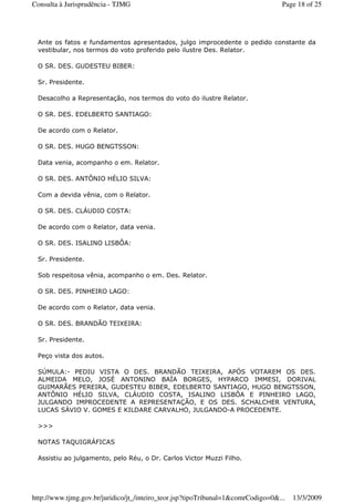 Ante os fatos e fundamentos apresentados, julgo improcedente o pedido constante da
vestibular, nos termos do voto proferido pelo ilustre Des. Relator.
O SR. DES. GUDESTEU BIBER:
Sr. Presidente.
Desacolho a Representação, nos termos do voto do ilustre Relator.
O SR. DES. EDELBERTO SANTIAGO:
De acordo com o Relator.
O SR. DES. HUGO BENGTSSON:
Data venia, acompanho o em. Relator.
O SR. DES. ANTÔNIO HÉLIO SILVA:
Com a devida vênia, com o Relator.
O SR. DES. CLÁUDIO COSTA:
De acordo com o Relator, data venia.
O SR. DES. ISALINO LISBÔA:
Sr. Presidente.
Sob respeitosa vênia, acompanho o em. Des. Relator.
O SR. DES. PINHEIRO LAGO:
De acordo com o Relator, data venia.
O SR. DES. BRANDÃO TEIXEIRA:
Sr. Presidente.
Peço vista dos autos.
SÚMULA:- PEDIU VISTA O DES. BRANDÃO TEIXEIRA, APÓS VOTAREM OS DES.
ALMEIDA MELO, JOSÉ ANTONINO BAÍA BORGES, HYPARCO IMMESI, DORIVAL
GUIMARÃES PEREIRA, GUDESTEU BIBER, EDELBERTO SANTIAGO, HUGO BENGTSSON,
ANTÔNIO HÉLIO SILVA, CLÁUDIO COSTA, ISALINO LISBÔA E PINHEIRO LAGO,
JULGANDO IMPROCEDENTE A REPRESENTAÇÃO, E OS DES. SCHALCHER VENTURA,
LUCAS SÁVIO V. GOMES E KILDARE CARVALHO, JULGANDO-A PROCEDENTE.
>>>
NOTAS TAQUIGRÁFICAS
Assistiu ao julgamento, pelo Réu, o Dr. Carlos Victor Muzzi Filho.
Page 18 of 25Consulta à Jurisprudência - TJMG
13/3/2009http://www.tjmg.gov.br/juridico/jt_/inteiro_teor.jsp?tipoTribunal=1&comrCodigo=0&...
 