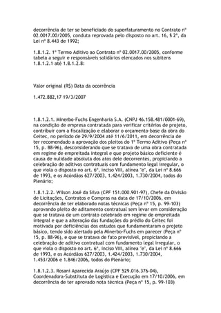 decorrência de ter se beneficiado do superfaturamento no Contrato nº
02.0017.00/2005, conduta reprovada pelo disposto no art. 16, § 2º, da
Lei nº 8.443 de 1992;
1.8.1.2. 1º Termo Aditivo ao Contrato nº 02.0017.00/2005, conforme
tabela a seguir e responsáveis solidários elencados nos subitens
1.8.1.2.1 até 1.8.1.2.8:
Valor original (R$) Data da ocorrência
1.472.882,17 19/3/2007
1.8.1.2.1. Minerbo-Fuchs Engenharia S.A. (CNPJ 46.158.481/0001-69),
na condição de empresa contratada para verificar critérios de projeto,
contribuir com a fiscalização e elaborar o orçamento-base da obra do
Ceitec, no período de 29/9/2004 até 11/6/2011, em decorrência de
ter recomendado a aprovação dos pleitos do 1º Termo Aditivo (Peça nº
15, p. 88-96), desconsiderando que se tratava de uma obra contratada
em regime de empreitada integral e que projeto básico deficiente é
causa de nulidade absoluta dos atos dele decorrentes, propiciando a
celebração de aditivos contratuais com fundamento legal irregular, o
que viola o disposto no art. 6º, inciso VIII, alínea "e", da Lei nº 8.666
de 1993, e os Acórdãos 627/2003, 1.424/2003, 1.730/2004, todos do
Plenário;
1.8.1.2.2. Wilson José da Silva (CPF 151.000.901-97), Chefe da Divisão
de Licitações, Contratos e Compras na data de 17/10/2006, em
decorrência de ter elaborado notas técnicas (Peça nº 15, p. 99-103)
aprovando pleito de aditamento contratual sem levar em consideração
que se tratava de um contrato celebrado em regime de empreitada
integral e que a alteração das fundações do prédio do Ceitec foi
motivada por deficiências dos estudos que fundamentaram o projeto
básico, tendo sido alertado pela Minerbo-Fuchs em parecer (Peça nº
15, p. 88-96), e que se tratava de fato previsível, propiciando a
celebração de aditivo contratual com fundamento legal irregular, o
que viola o disposto no art. 6º, inciso VIII, alínea "e", da Lei nº 8.666
de 1993, e os Acórdãos 627/2003, 1.424/2003, 1.730/2004,
1.453/2006 e 1.846/2006, todos do Plenário;
1.8.1.2.3. Rosani Aparecida Araújo (CPF 529.016.376-04),
Coordenadora-Substituta de Logística e Execução em 17/10/2006, em
decorrência de ter aprovado nota técnica (Peça nº 15, p. 99-103)
 