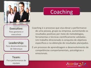 Team:
Para performance de
equipes
Executive:
Para gestores e
executivos
Leadership:
Para desenvolvimento
de lideranças
Coaching é o processo que visa elevar a performance
de uma pessoa, grupo ou empresa, aumentando os
resultados positivos por meio de metodologias,
ferramentas e técnicas cientificamente validadas .
Um trabalho direcionado à conquista de objetivos
específicos e na obtenção de resultados planejados.
É um processo de aprendizagem e desenvolvimento de
competências comportamentais, psicológicas e
emocionais.
Coaching
 