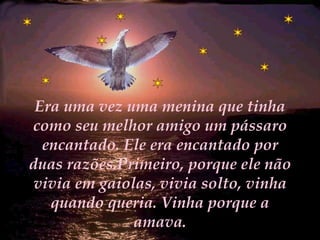 Era uma vez uma menina que tinha como seu melhor amigo um pássaro encantado. Ele era encantado por duas razões.Primeiro, porque ele não vivia em gaiolas, vivia solto, vinha quando queria. Vinha porque a amava . 