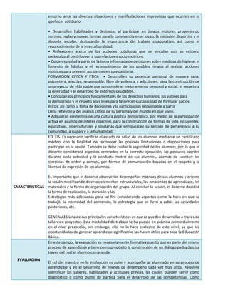 entorno ante las diversas situaciones y manifestaciones imprevistas que ocurren en el
quehacer cotidiano.
• Desarrollen habilidades y destrezas al participar en juegos motores proponiendo
normas, reglas y nuevas formas para la convivencia en el juego, la iniciación deportiva y el
deporte escolar, destacando la importancia del trabajo colaborativo, así como el
reconocimiento de la interculturalidad.
• Reflexionen acerca de las acciones cotidianas que se vinculan con su entorno
sociocultural contribuyen a sus relaciones socio motrices.
• Cuiden su salud a partir de la toma informada de decisiones sobre medidas de higiene, el
fomento de hábitos y el reconocimiento de los posibles riesgos al realizar acciones
motrices para prevenir accidentes en su vida diaria.
FORMACION CIVICA Y ETICA • Desarrollen su potencial personal de manera sana,
placentera, afectiva, responsable, libre de violencia y adicciones, para la construcción de
un proyecto de vida viable que contemple el mejoramiento personal y social, el respeto a
la diversidad y el desarrollo de entornos saludables.
• Conozcan los principios fundamentales de los derechos humanos, los valores para
la democracia y el respeto a las leyes para favorecer su capacidad de formular juicios
éticos, así como la toma de decisiones y la participación responsable a partir
De la reflexión y del análisis crítico de su persona y del mundo en que viven.
• Adquieran elementos de una cultura política democrática, por medio de la participación
activa en asuntos de interés colectivo, para la construcción de formas de vida incluyentes,
equitativas, interculturales y solidarias que enriquezcan su sentido de pertenencia a su
comunidad, a su país y a la humanidad.
CARACTERISTICAS
ED. FIS. Es necesario verificar el estado de salud de los alumnos mediante un certificado
médico, con la finalidad de reconocer las posibles limitaciones o disposiciones para
participar en la sesión. También se debe cuidar la seguridad de los alumnos, por lo que el
docente considerará aspectos centrados en la correcta ejecución, las posturas acordes
durante cada actividad y la conducta motriz de sus alumnos, además de sustituir los
ejercicios de orden y control, por formas de comunicación basadas en el respeto y la
libertad de expresión de los alumnos.
Es importante que el docente observe los desempeños motrices de sus alumnos y oriente
la sesión modificando diversos elementos estructurales, los ambientes de aprendizaje, los
materiales y la forma de organización del grupo. Al concluir la sesión, el docente decidirá
la forma de realización, la duración y las
Estrategias más adecuadas para tal fin, considerando aspectos como la hora en que se
trabajó, la intensidad del contenido, la estrategia que se llevó a cabo, las actividades
posteriores, etc.
GENERALES Una de sus principales características es que se pueden desarrollar a través de
talleres o proyectos. Esta modalidad de trabajo se ha puesto en práctica primordialmente
en el nivel preescolar, sin embargo, ello no lo hace exclusivo de este nivel, ya que las
oportunidades de generar aprendizaje significativo las hacen útiles para toda la Educación
Básica.
EVALUACION
En este campo, la evaluación es necesariamente formativa puesto que es parte del mismo
proceso de aprendizaje y tiene como propósito la construcción de un diálogo pedagógico a
través del cual el alumno comprenda:
El rol del maestro en la evaluación es guiar y acompañar al alumnado en su proceso de
aprendizaje y en el desarrollo de niveles de desempeño cada vez más altos. Requiere
identificar los saberes, habilidades y actitudes previas, las cuales pueden servir como
diagnóstico o como punto de partida para el desarrollo de las competencias. Como
 