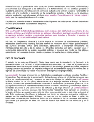 contacto con todo lo que los hace sentir vivos y les provoca sensaciones, emociones, Sentimientos y
pensamientos que coadyuvan a la edificación y al fortalecimiento de su Identidad personal y
ciudadana, así como a la valoración del patrimonio cultural como un bien colectivo. Para facilitar el
estudio del arte mediante el desarrollo de la competencia artística y Cultural, en la educación
primaria se abordan cuatro lenguajes artísticos: artes visuales, Expresión corporal y danza, música y
teatro, que dan continuidad al campo formativo
En prescolar, además de ser el antecedente de la asignatura de Artes que se trata en Secundaria
con más profundidad en sus diferentes disciplinas.
COMPETENCIAS
Una construcción de habilidades perceptivas y expresivas que dan apertura al conocimiento De los
lenguajes artísticos y al fortalecimiento de las actitudes y los valores que favorecen el desarrollo del
pensamiento artístico mediante experiencias estéticas para impulsar y fomentar el aprecio, la
comprensión y la conservación del patrimonio cultural
Por ello, la competencia artística y cultural implica la utilización de conocimientos (saberes),
Habilidades (saber hacer), valores y actitudes (estimar los resultados de ese hacer) que le otorgan A
los alumnos diversos formas para considerar, comprender e interpretar críticamente las
manifestaciones del arte y de la cultura en diferentes contextos, así como expresar ideas y
sentimientos potenciando su propia capacidad estética y creadora por medio de los códigos
presentes en los Lenguajes de artes visuales, expresión corporal y danza, música y teatro
EJES DE ENSEÑANZA
El estudio de las artes en Educación Básica tiene como ejes la Apreciación, la Expresión y la
contextualización, que permiten la organización de los contenidos, los cuales se agrupan en tres
apartados en forma vertical para facilitar su comprensión; sin embargo, pueden abordarse, integrarse
o jerarquizarse de acuerdo con las propias Estrategias de enseñanza que aplique el docente para el
logro de los aprendizajes esperados Y coadyuven a la organización programática.
La Apreciación favorece el desarrollo de habilidades perceptuales: auditivas, visuales, Táctiles y
kinestésicas. Este eje permite la aproximación de los alumnos al arte, Al brindarles elementos para
valorar las creaciones artísticas y reconocer los elementos básicos de cada lenguaje. La Expresión
facilita la práctica de los principios y elementos de cada lenguaje mediante el ensayo de distintas
técnicas, así como del aprovechamiento de materiales E instrumentos para diseñar y elaborar obras
y/o representaciones que permitan la manifestación de sus ideas, emociones y sentimientos, además
de facilitar el acceso a una visión interior del esfuerzo y del logro artístico. La Contextualización
pretende que los alumnos obtengan las herramientas necesarias Para apreciar los diferentes
lenguajes artísticos y expresarse por medio de ellos, conozcan acerca de lo que existe y circunda al
arte. Esto implica que identifiquen la influencia que tienen los diferentes momentos históricos y
sociales en las manifestaciones Artísticas, las razones por las cuales se llevan a cabo, las
condiciones necesarias para Realizarlas, la función y la importancia de los creadores, intérpretes y
ejecutantes que participan en ellas, así como el impacto que tienen en los individuos y en la
sociedad.
 