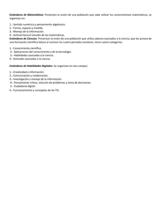 Estándares de Matemáticas: Presentan la visión de una población que sabe utilizar los conocimientos matemáticos, se
organizan en:
1.- Sentido numérico y pensamiento algebraico.
2.- Forma, espacio y medida.
3.- Manejo de la información.
4.- Actitud hacia el estudio de las matemáticas.
Estándares de Ciencias: Presentan la visión de una población que utiliza saberes asociados a la ciencia, que les provea de
una formación científica básica al concluir los cuatro periodos escolares, tiene cuatro categorías:
1.- Conocimiento científico.
2.- Aplicaciones del conocimiento y de la tecnología.
3.- Habilidades asociadas a la ciencia.
4.- Actitudes asociadas a la ciencia.
Estándares de Habilidades Digitales: Se organizan en seis campos:
1.- Creatividad e información.
2.- Comunicación y colaboración.
3.- Investigación y manejo de la información.
4.- Pensamiento crítico, solución de problemas y toma de decisiones.
5.- Ciudadanía digital.
6.- Funcionamiento y conceptos de las TIC.
 