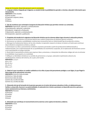 Campo de Formación: Desarrollo personal y para la convivencia.
1 . Lenguaje artístico integrado por imágenes; su estudio brinda la posibilidad de aprender a mirarlas y descubrir información para
interpretarlas.
RESPUESTA: Artes visuales.
A) Artes visuales.
B) Expresión corporal y danza.
C) Teatro.
D) Música.
2 . Ejes de enseñanza que contempla el programa de Educación Artística que permiten orientar sus contenidos.
RESPUESTA: Apreciación, expresión y contextualización.
A) Sensibilización, aplicación y valoración.
B) Gradación, integración y finalización.
C) Apreciación, expresión y contextualización.
D) Composición, expresión y publicación.
3 . Propósitos del estudio de la asignatura de Educación Artística que los alumnos deben lograr durante la educación primaria.
a. Adquieran las herramientas y las técnicas básicas para realizar producciones de distintos géneros artísticos.
b. Reconozcan sus talentos y posibilidades creativas para encauzarlos hacia un determinado tipo de producción artística.
c. Obtengan los fundamentos básicos de las artes visuales, la expresión corporal y la danza, la música y el teatro para continuar
desarrollando la competencia artística y cultural.
d. Comuniquen sus ideas y pensamientos mediante creaciones personales a partir de producciones bidimensionales y
tridimensionales, de su experimentación de sus posibilidades de movimientos corporales, de la exploración del fenómeno sonoro
y de la participación en juegos teatrales.
e. Desarrollen el pensamiento artístico para expresar ideas y emociones, e interpreten los diferentes códigos del arte al estimular
la sensibilidad, la percepción y la creatividad.
f. Edifiquen su identidad y fortalezcan su sentido de pertenencia a un grupo, valorando el patrimonio cultural y las
manifestaciones artísticas del entorno, de su país y del mundo.
RESPUESTA: c, d, e, f.
A) a, c, d, f.
B) a, b, d, e.
C) c, d, e, f.
D) b, c, e, f.
4 . Edad en la que se produce un cambio cualitativo en los niños al pasar del pensamiento prelógico a uno lógico, lo que Piaget le
llama etapa de las operaciones concretas.
RESPUESTA: Entre 8 y 9 años de edad.
A) Entre 6 y 7 años de edad.
B) Entre 8 y 9 años de edad.
C) Entre 10 y 11 años de edad.
D) Entre 12 y 13 años de edad.
5 . Dimensión del eje de formación de la persona que pone en el centro del proceso educativo al niño y al adolescente para
facilitar su desarrollo, favorecer sus potencialidades, la valoración de sí mismo y promover un desarrollo sano de su persona y
tomar conciencia de sus intereses y sentimientos.
RESPUESTA: Personal.
A) Personal.
B) Familiar.
C) Escolar.
D) Social.
6 . Dimensión que contribuye al reconocimiento de los alumnos como sujetos de derechos y deberes.
RESPUESTA: Social.
A) Personal.
B) Familiar.
C) Escolar.
 