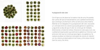 Con el ejercicio de observar la materia más de cerca he podido
dar cuenta de que la modularidad es una cualidad transversal y
que constituye una forma en cómo se estructura esta materia.
Además se ha trabajado en la yuxtaposición del color, buscando
un contraste entre los colores que pueda generar la apetencia,
y siguiendo la idea de que el color se construye de múltiples
dimensiones a modo de tramas. Entonces el color pasa a ser una
cualidad principal puesto que estimula la apetencia. Entonces cuál
sería ese color que se construye para lograr una apetencia. Se
realizan pruebas con diversos contrastes de colores en relación
con los colores ya observados en las frutas y cómo estos interac-
túan los unos y los otros.
Yuxtaposición del color
 