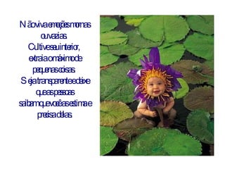 Não viva emoções mornas ou vazias.  Cultive seu interior,  extraia o máximo de pequenas coisas.  Seja transparente e deixe que as pessoas saibam que você as estima e precisa delas. 