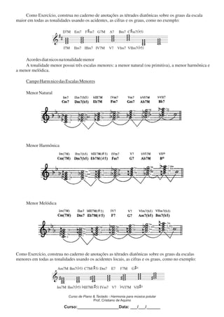 Como Exercício, construa no caderno de anotações as tétrades diatônicas sobre os graus da escala
maior em todas as tonalidades usando os acidentes, as cifras e os graus, como no exemplo:
Acordesdiatônicosnatonalidademenor
A tonalidade menor possui três escalas menores: a menor natural (ou primitiva), a menor harmônica e
a menor melódica.
CampoHarmônicodasEscalasMenores
MenorNatural
Menor Harmônica
Menor Melódica
Como Exercício, construa no caderno de anotações as tétrades diatônicas sobre os graus da escalas
menores em todas as tonalidades usando os acidentes locais, as cifras e os graus, como no exemplo:
D7M Em7 F#m7 G7M A7 Bm7 C#m7(b5)
I7M IIm7 IIIm7 IV7M V7 VIm7 VIIm7(b5)
Am7M Bm7(b5) C7M(#5) Dm7 E7 F7M G#º
Im7M IIm7(b5) bIII7M(#5) IVm7 V7 bVI7M VII#º
Curso de Piano & Teclado - Harmonia para música polular
Prof. Cristiano de Aquino
Curso:__________________Data: ___/___/______
 