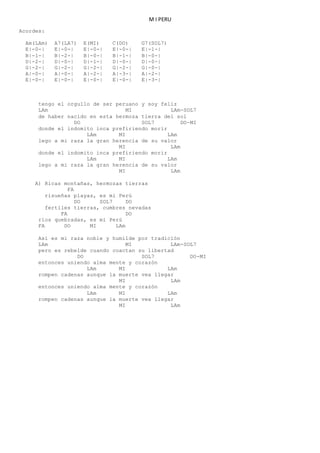 M I PERU
Acordes:
Am(LAm) A7(LA7) E(MI) C(DO) G7(SOL7)
E|-0-| E|-0-| E|-0-| E|-0-| E|-1-|
B|-1-| B|-2-| B|-0-| B|-1-| B|-0-|
D|-2-| D|-0-| D|-1-| D|-0-| D|-0-|
G|-2-| G|-2-| G|-2-| G|-2-| G|-0-|
A|-0-| A|-0-| A|-2-| A|-3-| A|-2-|
E|-0-| E|-0-| E|-0-| E|-0-| E|-3-|
tengo el orgullo de ser peruano y soy feliz
LAm MI LAm-SOL7
de haber nacido en esta hermoza tierra del sol
DO SOL7 DO-MI
donde el indomito inca prefiriendo morir
LAm MI LAm
lego a mi raza la gran herencia de su valor
MI LAm
donde el indomito inca prefiriendo morir
LAm MI LAm
lego a mi raza la gran herencia de su valor
MI LAm
A) Ricas montañas, hermozas tierras
FA
risueñas playas, es mi Perú
DO SOL7 DO
fertiles tierras, cumbres nevadas
FA DO
ríos quebradas, es mi Perú
FA DO MI LAm
Así es mi raza noble y humilde por tradición
LAm MI LAm-SOL7
pero es rebelde cuando coactan su libertad
DO SOL7 DO-MI
entonces uniendo alma mente y corazón
LAm MI LAm
rompen cadenas aunque la muerte vea llegar
MI LAm
entonces uniendo alma mente y corazón
LAm MI LAm
rompen cadenas aunque la muerte vea llegar
MI LAm
 