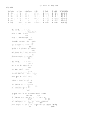 YO PERDI EL CORAZON
Acordes:
Am(LAm) A7(LA7) Dm(REm) E(MI) C(DO) F(FA) G7(SOL7)
E|-0-| E|-0-| E|-1-| E|-0-| E|-0-| E|-1-| E|-1-|
B|-1-| B|-2-| B|-3-| B|-0-| B|-1-| B|-1-| B|-0-|
D|-2-| D|-0-| D|-2-| D|-1-| D|-0-| D|-2-| D|-0-|
G|-2-| G|-2-| G|-0-| G|-2-| G|-2-| G|-3-| G|-0-|
A|-0-| A|-0-| A|-0-| A|-2-| A|-3-| A|-3-| A|-2-|
E|-0-| E|-0-| E|-0-| E|-0-| E|-0-| E|-1-| E|-3-|
Yo perdí el corazón
LAm-LA7
una tarde lejaná
REm
una tarde de aquellas
SOL7
cuando el amor nos llama
DO
yo siempre te recuerdo
MI
y en mis noches te sueño
LAm
dormida entre mis brazos
FA
acariciando el tiempo
MI
Yo perdí el corazón
LAm-LA7
pero no me anepiento
REm
porque pasé a sentir,
SOL7
cosas que hoy ya no siento
DO
por que me regalaste
MI
poco a poco tu olvido
LAm
yo nunca me arrepiento
FA MI
el haberte querido
LAm
Y que seré de mi hoy que todo acabó
LAm-LA7 REm
Si ya me acostumbré a vivir para ti
SOL7 DO-MI
el culpable soy yo, por tener corazón
LAm-LA7 REm
por regalarte mi alma, y perder la razón (bis)
MI LAm
 