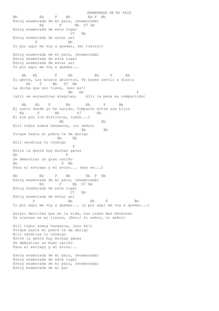ENAMORADA DE MI PAIS
Bb Eb F Bb Eb F Bb
Estoy enamorada de mi pais, (enamorada)
Eb F Bb D7 Gm
Estoy enamorada de este lugar
C7 Eb
Estoy enamorada de estar asi
F Bb
Yo por aqui me voy a quedar, (mi tierra!)
Estoy enamorada de mi pais, (enamorada)
Estoy enamorada de este lugar
Estoy enamorada de estar asi
Yo por aqui me voy a quedar...
Bb Eb F Bb Eb F Bb
Su gente, Los brazos abiertos, Te hacen sentir a diario
Eb F Bb D7 Eb
La dicha que uno tiene, (eso es!)
Bb Eb F
(alli se encuentran alegrias, Alli la pena es compartida)
Bb Eb F Bb Eb F Bb
El suelo donde yo he nacido, Comparte entre sus hijos
Eb F Bb D7 Eb
El eje por los distintos, (yeah...)
Bb Eb
Alli todos somos hermanos, (si señor)
Bb Eb
Porque hasta el pobre te da abrigo
Bb Eb
Alli vendrias tu conmigo
F
Entre la gente hay muchas ganas
Eb F
De demostrar un gran cariño
Eb F Bb
Para el estrago y el avion... (eso es...)
Bb Eb F Bb Eb F Bb
Estoy enamorada de mi pais, (enamorada)
Eb F Bb D7 Gm
Estoy enamorada de este lugar
C7 Eb
Estoy enamorada de estar asi
F Bb Eb F Bb
Yo por aqui me voy a quedar... (y por aqui me voy a quedar...)
Quiero decirles que en la vida, Las cosas mas hermosas
Se sienten en mi tierra, (Peru! si señor, si señor)
Alli todos somos hermanos, (eso es!)
Porque hasta el pobre te da abrigo
Alli vendrias tu conmigo
Entre la gente hay muchas ganas
De demostrar un buen cariño
Para el estrago y el avion...
Estoy enamorada de mi pais, (enamorada)
Estoy enamorada de este lugar
Estoy enamorada de mi pais, (enamorada)
Estoy enamorada de mi pai
 
