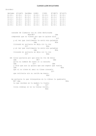 CUANDO LLORE MI GUITARRA
Acordes:
Am(LAm) A7(LA7) Dm(REm) E(MI) C(DO) E7(MI7) B7(SI7)
E|-0-| E|-0-| E|-1-| E|-0-| E|-0-| E|-0-| E|-0-|
B|-1-| B|-2-| B|-3-| B|-0-| B|-1-| B|-3-| B|-2-|
D|-2-| D|-0-| D|-2-| D|-1-| D|-0-| D|-1-| D|-0-|
G|-2-| G|-2-| G|-0-| G|-2-| G|-2-| G|-2-| G|-2-|
A|-0-| A|-0-| A|-0-| A|-2-| A|-3-| A|-2-| A|-1-|
E|-0-| E|-0-| E|-0-| E|-0-| E|-0-| E|-0-| E|-2-|
cansado de llamarte con mi alma destrozada
MIm-MI7 LAm
comprendo que no vienes por que no quiere dios
DO SI7
y al ver que inutilmente te envio mis palabras
LAm MIm
llorando mi guitarra se deja oir tu voz
SI7 MIm
y al ver que inutilmente te envio mis palabras
LAm MIm
llorando mi guitarra se deja oir tu voz
SI7 MIm
(A) Llora guitarra por que eres mi voz de dolor
LAm MI7 LAm
grita su nombre de nuevo si lo escucho
LAm SI7 LAm
y dile que aun la quiero que aun espero que vuelva
LAm MIm
que si no viene mi amor no tiene consuelo
SI7
que solitaria sin su cariño me muero.
MIm
Ay guitarra tu que interpretas en tu vibrar tu quebranto
MI7 LAm MIm
tu que recibes en tu madero tu llanto
DO SI7
llora conmigo si no la vieras volver.
MIm
 