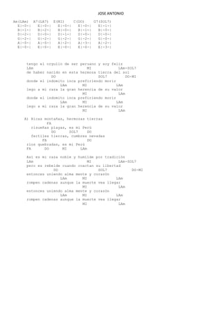 JOSE ANTONIO
Am(LAm) A7(LA7) E(MI) C(DO) G7(SOL7)
E|-0-| E|-0-| E|-0-| E|-0-| E|-1-|
B|-1-| B|-2-| B|-0-| B|-1-| B|-0-|
D|-2-| D|-0-| D|-1-| D|-0-| D|-0-|
G|-2-| G|-2-| G|-2-| G|-2-| G|-0-|
A|-0-| A|-0-| A|-2-| A|-3-| A|-2-|
E|-0-| E|-0-| E|-0-| E|-0-| E|-3-|
tengo el orgullo de ser peruano y soy feliz
LAm MI LAm-SOL7
de haber nacido en esta hermoza tierra del sol
DO SOL7 DO-MI
donde el indomito inca prefiriendo morir
LAm MI LAm
lego a mi raza la gran herencia de su valor
MI LAm
donde el indomito inca prefiriendo morir
LAm MI LAm
lego a mi raza la gran herencia de su valor
MI LAm
A) Ricas montañas, hermozas tierras
FA
risueñas playas, es mi Perú
DO SOL7 DO
fertiles tierras, cumbres nevadas
FA DO
ríos quebradas, es mi Perú
FA DO MI LAm
Así es mi raza noble y humilde por tradición
LAm MI LAm-SOL7
pero es rebelde cuando coactan su libertad
DO SOL7 DO-MI
entonces uniendo alma mente y corazón
LAm MI LAm
rompen cadenas aunque la muerte vea llegar
MI LAm
entonces uniendo alma mente y corazón
LAm MI LAm
rompen cadenas aunque la muerte vea llegar
MI LAm
 