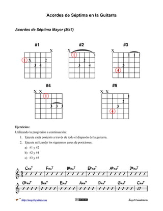 Acordes de Séptima en la Guitarra
Acordes de Séptima Mayor (Ma7)

#1

#2

#4

#3

#5

Ejercicios:
Utilizando la progresión a continuación:
1. Ejecuta cada posición a través de todo el diapasón de la guitarra.
2. Ejecuta utilizando los siguientes pares de posiciones:
a) #1 y #2
b) #2 y #4
c) #3 y #5

http://angelsguitar.com

Ángel Candelaria

 