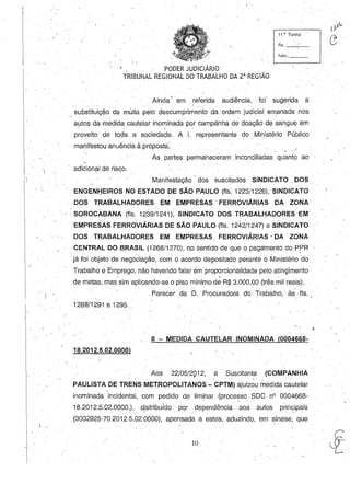) ,
J ,
11 ~'Turma
fls, ~--,-_
funç. _ _
. PODER JUDICIÁRIO
TRIBUNAL REGIONAL DO TRABALHO DA 2· REGIÃO
Ainda' em refárida audiência, foi' sugerida a, .
substituição da multa pelo ~escumprimento da ordem judicial emanada nos
autos da medida cautelar inominada por campãnhade doação de sangue em
proveito de. toda a sociedade, A I. representante do Ministério Público
manifestou anuência à proposta',
As. partes permaneceram ,inconciliadas quanto ao
adicion?lde risco,
Manifestação / dos suscitados SINDICATO. DOS.
ENGENHEIROS NOESTADO DE SÃO PAULO (fls: 1223/1226), SINDICATO, . ' . "
DOS TRABALHADORES EM EMPRESAS' FERROVIÁRIAS DA ZONA'
SOROCABANA (fls, 1239/1241), SINDICATO DOS TRABALHADORES EM
EMPRESAS FERROVIÁRIAS DE SÃO PAULO (fls, 1242/1247) e SIr.WICATO
DOS TRABALHADORES EM' EMPRESAS.' FERROVIÁRIAS' DA ZONA
CENTRAL DO BRASIL (1268/1270), no sentido de que o paga'mento do PPR• ' • I
já foi objeto de negociaçãO,Gom' o acordo de!;)ositado perante o Ministério do.- y . . .
Trabalho e Emprego, não havendo falar ém proporcionalidade pelo ·atingimento
. ,
de metas, mas sim aplicando-se o piso mínimo deR$ 3,000,00 (três mil reais),
Parecer da D, Procuradora do TrabaJho, àSfls,
1288/1291 e 1295, .
11 - MEDIDA' CAUTELAR INOMINADA (0004668-
18,2012,5,02.0000)
Aos 22/05/2912, a Suscitante (COMPANHIÁ
, . .  .
PAULISTA DE TRENS METROPOLlTANClS- CPTM) ajuizou medida cautelar
,
inominada incidental, com pedido de liminar (processo .SDe nO 0004668-·,- ~ .
18,2012,5,02,0000,), distribúfdo. por dependência aos autos principais. . ' • , • I .
(0002925-70:2012,5,02,0000), apensada a estes, aduzindo, em sínese,que
10
..
 