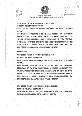 PODER JUDICIÁRIO' .
TRIBUNAL REGIONAL DO TRABALHO DA 2' REGIÃO
. PROCESSO TRTlSP N° 0002925-70.2012.5.02.0000
D(,SsíDIO COLETIVO ECONÔMICO•
11 ~'Turma
fls._~
fllnÇ.~_
. SUSCITANTE: COMPANHIA PAULISTA DE TRENS METROPOLITANOS -
.
CPTM
SlfliCITADOS: SINDICATO ,DOS TRABALHADORES EM EMPRESAS, ' , "
FERROf'ÁRIAS DA ZONÁ SOROCABANA - STEFZS;' SINDICATO DOS'
TRABALHADORES EM EMPRESAS FERROVIÁRIAS DA ZONA CENTRA.L
DO BRASIL-STEFZCB; SINDICATO DOS E~GENHEIROS NO ESTADO DE
SÃO, PAULO· - SEESP;' SINDICATO. DOS' TRABALHADORES· EM
EMPRESAS FERROVIÁRIAS DESÃÓ PAULO - STEFSP
EM APENSO .
. PROCESSO TR,TlSP N° 0004688-18.2012.5.02.0000. .
MEDIDA CAUTELAR INOMINADA
, ,
REQUERENTE: COMPANHIA PAULISTA DE TRENS METROPOLITANOS - .
CPTM, .
REQUERIDOS: SINDICATO DOS TRABALHADORES EM EMPRESAS
• . " '. . , ' - I
fERROVIÁRIAS DÁ ZONA SOROCABANA - STEFZS;. SINDICATO DOS'
TRABALHADORES EM EMPRESAS FERROVIÁRIAS DA ZONA C,ENTRAL. . .
DC) BRASIL-STEFZCB; SINDICATO DOS ENGENHEIROS NO ESTADO DE, . . ' 
SÃO PAULO -SEESP; SINDIGATO DOS TRABALHADORES EM, . - ' /
EMPRESAS FERROVIÁRIAS DE SÃO PAUL6-sniFSP
PROCESSO TRTlSP SDC N° 0005560-24.2012.5.02.0000
DiSsíDIO COLETIVO ECONÔMICO
SUSCITANTE: SINDICATO DOS TRABALMADORES EM EMPRESAS
FERROVIÁRIAS DA ZONA SOROCABANA-STEFZS, '.
1
 