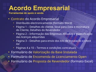 • Contrato do Acordo Empresarial
• Distribuído electronicamente (formato Word)
• Página 1 – Detalhes do cliente, local para Data e Assinatura
do Cliente, Detalhes do Revendedor
• Página 2 – Informação das Empresas Afiliadas e especificação
das licenças adquiridas
• Página 3 – Detalhes para envio dos kits de instalação e check
list
• Páginas 4 a 10 – Termos e condições contratuais
• Formulário de Valorização da Base Instalada
• Formulário de Encomenda de Licenciamento Open
• Formulário de Proposta de Revendedor (formato Excel)
Acordo Empresarial
Ferramentas de apoio à venda
 
