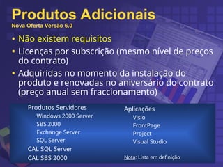 Produtos Adicionais
Nova Oferta Versão 6.0
• Não existem requisitos
• Licenças por subscrição (mesmo nível de preços
do contrato)
• Adquiridas no momento da instalação do
produto e renovadas no aniversário do contrato
(preço anual sem fraccionamento)
Produtos Servidores
Windows 2000 Server
SBS 2000
Exchange Server
SQL Server
CAL SQL Server
CAL SBS 2000
Aplicações
Visio
FrontPage
Project
Visual Studio
Nota: Lista em definição
 