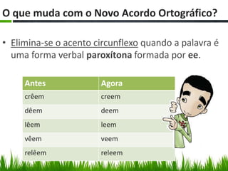 O que muda com o Novo Acordo Ortográfico??

• Elimina-se o acento circunflexo quando a palavra é
  uma forma verbal paroxítona formada por ee.

     Antes             Agora
     crêem             creem
     dêem              deem
     lêem              leem
     vêem              veem
     relêem            releem
 