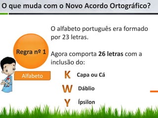 O que muda com o Novo Acordo Ortográfico?

                O alfabeto português era formado
                por 23 letras.

   Regra nº 1 Agora comporta 26 letras com a
              inclusão do:
     Alfabeto           Capa ou Cá

                        Dáblio

                        Ípsilon
 