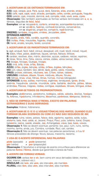 2. ACENTUAM-SE OS OXÍTONOSTERMINADOS EM:
A(S): cajá, vatapá, jacá, Pará, quiçá, dará, Satanás, aliás, ananás, atrás;
E(S): café, rapé, sapé, você, através, pontapés, cafés, cortês, português, freguês;
O(S): paletó, cipó, mocotó, dominó, avô, compôs, robô, vovô, avós, cipós.
Observação: São também acentuadas as formas verbais terminadas em a, e, o,
tônicos, seguidas de lo(s), la(s).
Exemplos:	em a: recuperá-lo, cortá-lo, animá-las, acompanhá-los-íamos;
	 em e: vendê-lo, fazê-las, conhecê-los-íamos, convencê-los;
	 em o: dispô-las, propô-los, compô-lo, repô-la-emos.
EM(ENS): também, ninguém, vinténs, Jerusalém, além.
DITONGOS ABERTOS
ÉI: papéis, anéis, fiéis, cordéis, quartéis, coronéis;
ÉU: troféu, ilhéu, mausoléu, fogaréu, chapéu;
ÓI: herói, anzóis, lençóis, faróis, constrói.
3. ACENTUAM-SE OS PAROXÍTONOSTERMINADOS EM:
L: ágil, amável, fácil, hábil, cônsul, desejável, útil, nível, têxtil, móvel, níquel;
N: éden, hífen, pólen, abdômen, líquen, sêmen, Nélson, Wílson;
R: caráter, revólver, éter, mártir, destróier, açúcar, cadáver, néctar, repórter;
X: tórax, fênix, ônix, Félix, cóccix, córtex, códex, xérox (xerox), látex;
PS: bíceps, fórceps, Quéops, tríceps;
Ã(S): ímã, órfã, ímãs, órfãs, Bálcãs;
ÃO(S): órfão, órgão, bênção, sótão, órfãos, órgãos, bênçãos;
I(S): júri, cáqui, beribéri, táxi, dândi, lápis, grátis, oásis, miosótis;
ON(S): próton, elétrons, nêutrons, íon, Críton, náilon, rádons;
UM(UNS): médium, álbum, fórum, médiuns, álbuns, fóruns;
US: bônus, ônus, vírus, Vênus, tônus, húmus, múnus (obrigação);
DITONGOS: áurea, azálea, marmórea, argênteo, terráqueos, ígneo, ânsia,
boêmia, frequência, calvície, imundície, cárie, barbárie, declínio, pátios, lábios,
amêndoa, Páscoa, mágoas, nódoa, contígua, espáduas, tênues, bilíngue, árduo.
4. ACENTUAM-SETODOS OS PROPAROXÍTONOS:
Exemplos: abdômenes, aeródromo, biológico, cálido, cátedra, ênclise, fonógra-
fo, hífenes, hipódromo, infinitésimo, lêssemos, parêntese, têmporas, Verônica.
5. NÃO SE EMPREGA MAIS OTREMA, EXCETO EM PALAVRAS
ESTRANGEIRAS E SUAS DERIVADAS:
Exemplos: Hübner, hübneriano.
6. ACENTUAM-SE O I E O U,VOGAISTÔNICAS DOS HIATOS, QUANDO ELES
FORMAM SÍLABA SOZINHOS OU COM S E NÃO SÃO SEGUIDOS DE NH:
Exemplos: ruína, raízes, países, faísca, doía, egoísmo, egoísta, saída, suíço,
ateísmo, baía, Avaí, caída, aí, Jacareí, Pirajuí, Piauí, juízo, cafeína, Icaraí, Grajaú,
balaústre, reúne, saúde, ataúde, Jaú, Anhangabaú, viúva, baú, baús, viúvos.
Observação 1: Não se devem acentuar, portanto: raiz, paul, ruim, ruins, rainha,
moinho, tainha, ainda, juiz, Coimbra, ruindade, Raul, cair, cairdes.
Observação 2: Não se devem acentuar, nas palavras paroxítonas, o I ou U
tônicos precedidos de ditongo: feiura, baiuca, maoismo, taoismo.
7. USA-SE O ACENTO DIFERENCIAL NAS PALAVRAS:
pôde (passado) 	 ≠ 	 pode (presente)
pôr (verbo) 	 ≠ 	 por (preposição)
Observação: É facultativo o emprego do acento cincunflexo para diferenciar as
palavras forma / fôrma, desde que garantida a clareza da frase.
8. ACENTO EM FORMAS VERBAIS:
OCORRE EM: verbos ter e vir, bem como em seus derivados (deter, manter,
reter, intervir, sobrevir etc.).
SINGULAR: ele tem, ele vem, ele intervém, ele mantém.
PLURAL: eles têm, eles vêm, eles intervêm, eles mantêm.
TABELA DE ACENTUACAO 1.indd 6 01.01.70 02:06:38
 