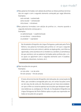 13
BACORT
©
LISBOA
EDITORA
o que muda?
e) Nas palavras formadas com adição de prefixos ou falsos prefixos termina-
dos em vogal e com o segundo elemento começado por vogal diferente.
Exemplos:
auto-estrada → autoestrada
extra-escolar → extraescolar
intra-ósseo → intraósseo
f)Nas palavras formadas com adição do prefixo co-, mesmo quando o
segundo elemento começa por o.
Exemplos:
co-administração → coadministração
co-ocorrência → coocorrência
co-produtor → coprodutor
g) Nas locuções de uso geral.
Exemplos:
cor-de-vinho → cor de vinho
fim-de-semana → fim de semana
No Vocabulário Ortográfico da Língua Portuguesa, publicado pela Porto
Editora, nas palavras formadas pelo prefixo co- em que o segundo
elemento se inicia com a letra h, admite-se dupla grafia, com hífen ou
aglutinada, como acontece em co-herdeiro ou coerdeiro, à semelhança
do que acontece com as palavras formadas pelos prefixos des- e in-
os quais se aglutinam com o segundo elemento sem h (coabitar,
coabitação, desumano, inumano, etc.).
O texto oficial do Acordo Ortográfico dá indicações de conservação do
hífen, que considera consagrado pelo uso, em certas locuções como
cor-de-rosa, faz-de-conta, etc. No entanto, por ser mais claro estabele-
cer que o hífen se conserva apenas nas locuções que designem espé-
cies botânicas ou zoológicas (cf. 5.2. a)), no Vocabulário Ortográfico da
Língua Portuguesa da Porto Editora optou-se pela sua supressão em
todas as locuções de uso geral.
 