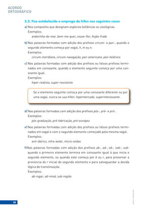 14
BACORT
©
LISBOA
EDITORA
ACORDO
ORTOGRÁFICO
5.2. Fica estabelecido o emprego do hífen nos seguintes casos
a) Nos compostos que designam espécies botânicas ou zoológicas.
Exemplos:
andorinha-do-mar, bem-me-quer, couve-flor, feijão-frade
b) Nas palavras formadas com adição dos prefixos circum- e pan-, quando o
segundo elemento começa por vogal, h, m ou n.
Exemplos:
circum-meridiano, circum-navegação, pan-americano, pan-helénico
c) Nas palavras formadas com adição dos prefixos ou falsos prefixos termi-
nados em consoante, quando o elemento seguinte começa por uma con-
soante igual.
Exemplos:
hiper-realista, super-resistente
d) Nas palavras formadas com adição dos prefixos pós-, pré- e pró-.
Exemplos:
pós-graduação, pré-fabricação, pró-europeu
e) Nas palavras formadas com adição dos prefixos ou falsos prefixos termi-
nados em vogal e com o segundo elemento começado pela mesma vogal.
Exemplos:
anti-ibérico, infra-axilar, micro-ondas
f)Nas palavras formadas com adição dos prefixos ab-, ad-, ob-, sob-, sub-
quando o primeiro elemento termina em consoante igual à que inicia o
segundo elemento, ou quando este começa por b ou r, para preservar a
pronúncia do r inicial do segundo elemento e para salvaguardar a devida
lógica de translineação.
Exemplos:
ab-rogar, ad-renal, sub-região
Se o elemento seguinte começa por uma consoante diferente ou por
uma vogal, nunca se usa hífen: hipermercado, superinteressante.
 