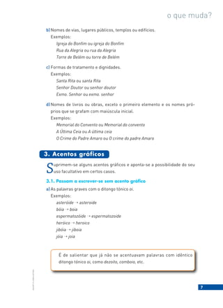 7
BACORT
©
LISBOA
EDITORA
o que muda?
b) Nomes de vias, lugares públicos, templos ou edifícios.
Exemplos:
Igreja do Bonfim ou igreja do Bonfim
Rua da Alegria ou rua da Alegria
Torre de Belém ou torre de Belém
c) Formas de tratamento e dignidades.
Exemplos:
Santa Rita ou santa Rita
Senhor Doutor ou senhor doutor
Exmo. Senhor ou exmo. senhor
d) Nomes de livros ou obras, exceto o primeiro elemento e os nomes pró-
prios que se grafam com maiúscula inicial.
Exemplos:
Memorial do Convento ou Memorial do convento
A Última Ceia ou A última ceia
O Crime do Padre Amaro ou O crime do padre Amaro
Suprimem-se alguns acentos gráficos e aponta-se a possibilidade do seu
uso facultativo em certos casos.
3.1. Passam a escrever-se sem acento gráfico
a) As palavras graves com o ditongo tónico oi.
Exemplos:
asteróide → asteroide
bóia → boia
espermatozóide → espermatozoide
heróico → heroico
jibóia → jiboia
jóia → joia
3. Acentos gráficos
É de salientar que já não se acentuavam palavras com idêntico
ditongo tónico oi, como dezoito, comboio, etc.
 