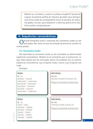 9
BACORT
©
LISBOA
EDITORA
o que muda?
Mantém-se, no entanto, o acento circunflexo em pôde (3.ª pessoa do
singular do pretérito perfeito do indicativo de poder), para distinguir
esta forma verbal da correspondente forma do presente do indica-
tivo (pode), e em pôr, para estabelecer a diferença gráfica entre esta
forma verbal e a preposição por.
OAcordo Ortográfico prevê a supressão das consoantes mudas ou não
articuladas. Nos casos em que há oscilação da pronúncia, aceitam-se
as duas grafias.
4.1. Consoantes mudas
São suprimidas as consoantes mudas ou não articuladas em determinadas
sequências consonânticas. Mantêm-se as consoantes que se pronunciam, ou
seja, todas aquelas que são articuladas. Assim, há vocábulos com as mesmas
sequências consonânticas cuja ortografia muda e outros cuja ortografia não
muda.
Exemplos:
4. Sequências consonânticas
MUDA:
cc → c
accionar → acionar
coleccionar → colecionar
direccional → direcional
fraccionar → fracionar
leccionar → lecionar
seleccionar → selecionar
NÃO MUDA:
cc = cc
faccioso, ficcional, friccionar, etc.
Porque a consoante se pronuncia.
MUDA:
cç → ç
acção → ação
colecção → coleção
direcção → direção
fracção → fração
injecção → injeção
selecção → seleção
NÃO MUDA:
cç = cç
convicção, ficção, sucção, etc.
Porque a consoante se pronuncia.
 