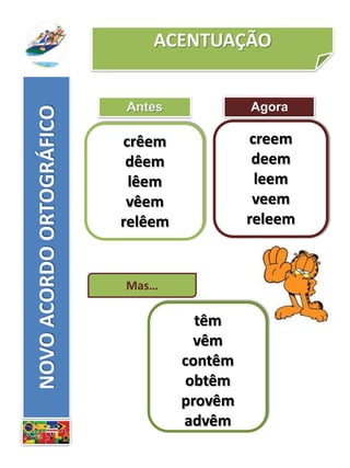 ACENTUAÇÃO
Antes
crêem
dêem
lêem
vêem
relêem
creem
deem
leem
veem
releem
Agora
Mas…
têm
vêm
contêm
obtêm
provêm
advêm
NOVOACORDOORTOGRÁFICO
 